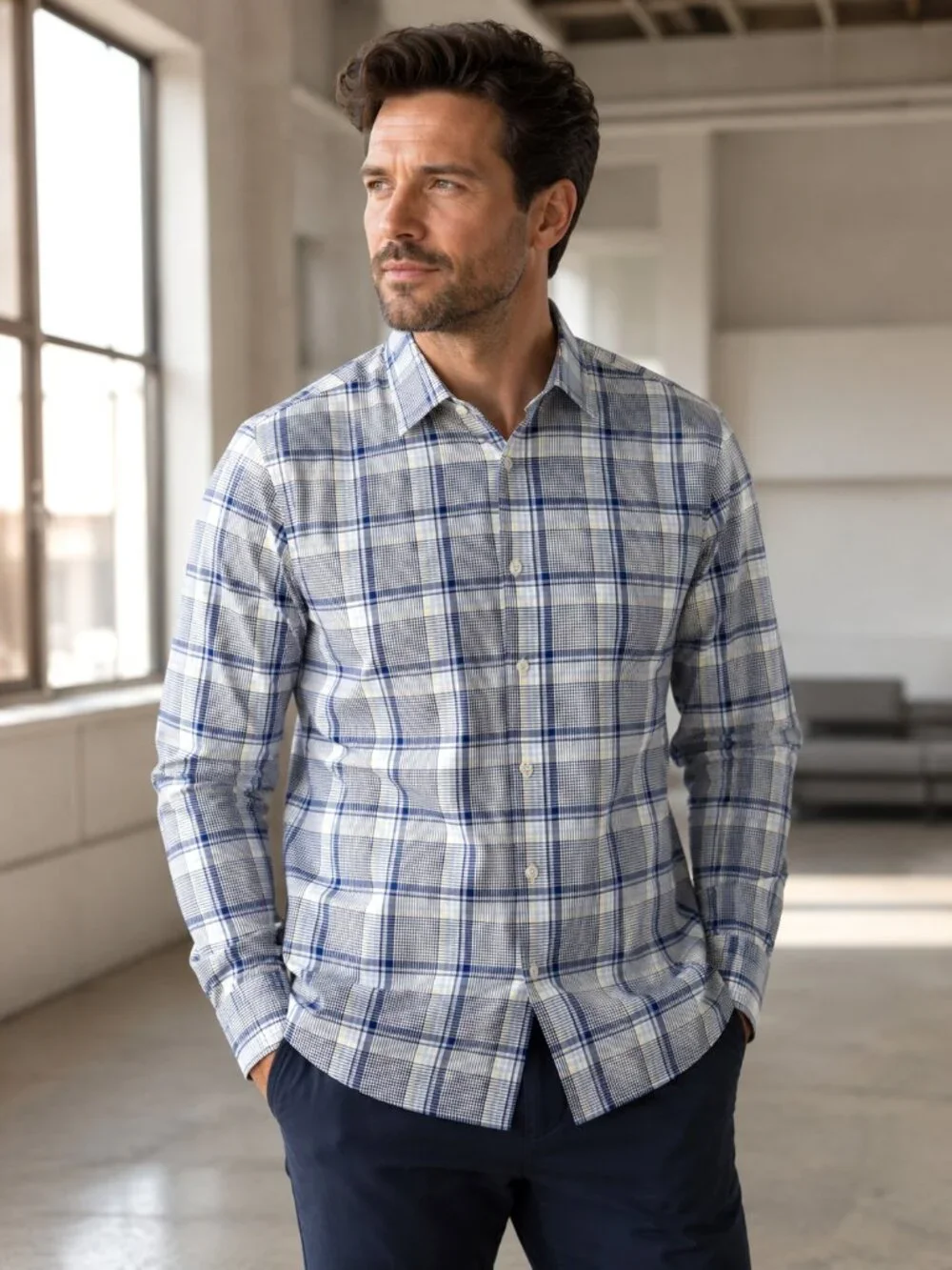 Michael Kors Men's XL Blue Plaid Airsoft Stretch Button Down Shirt Regular Fit